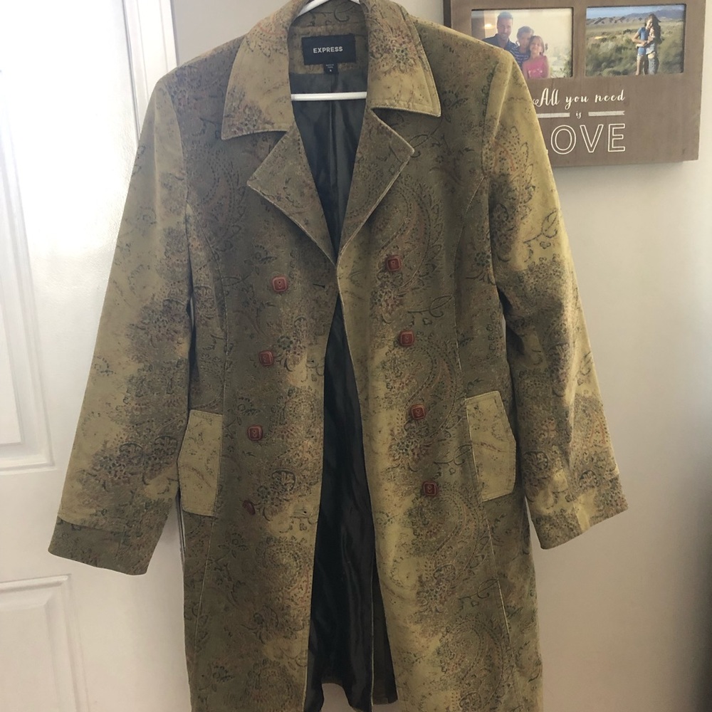 Express green paisley corduroy trench coat